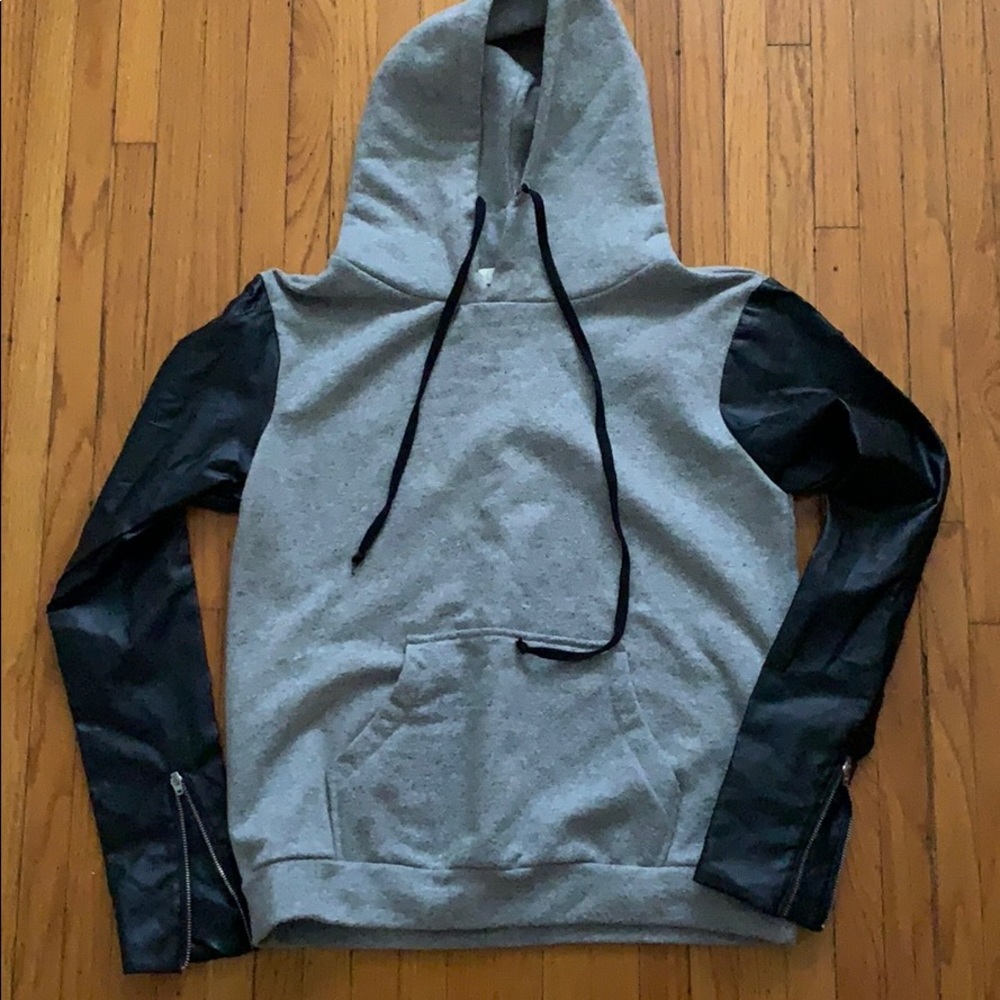 Grey sweatshirt hoodie with faux leather sleeves